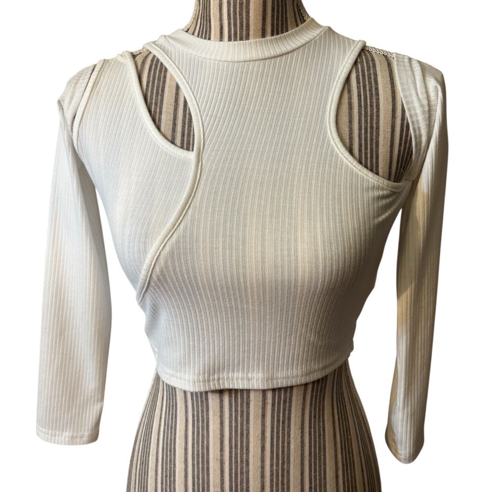 Sale! SHEIN Crop Top Small White Ribbed Cutout Long Slvs Stretch Poly Viscose